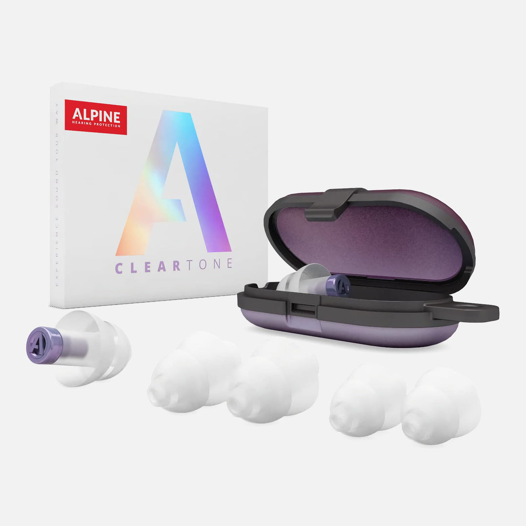 Alpine ClearTone Earplugs with carrying case and multiple ear tip sizes for customizable fit and effective noise reduction.