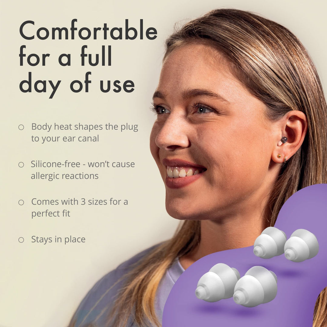 Woman wearing Alpine ClearTone earplugs, highlighting body heat-molded fit, silicone-free design, and all-day comfort.