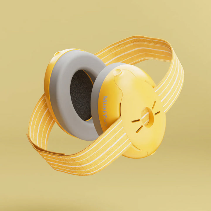 Alpine Muffy Baby Earmuffs in yellow, featuring soft ear cushions and an adjustable non-slip headband for infant hearing protection.