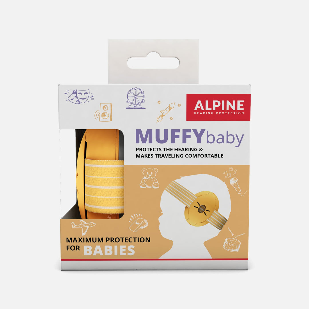Alpine Muffy Baby Earmuffs packaging in yellow, featuring hearing protection designed for babies and toddlers, ideal for travel and noisy environments.