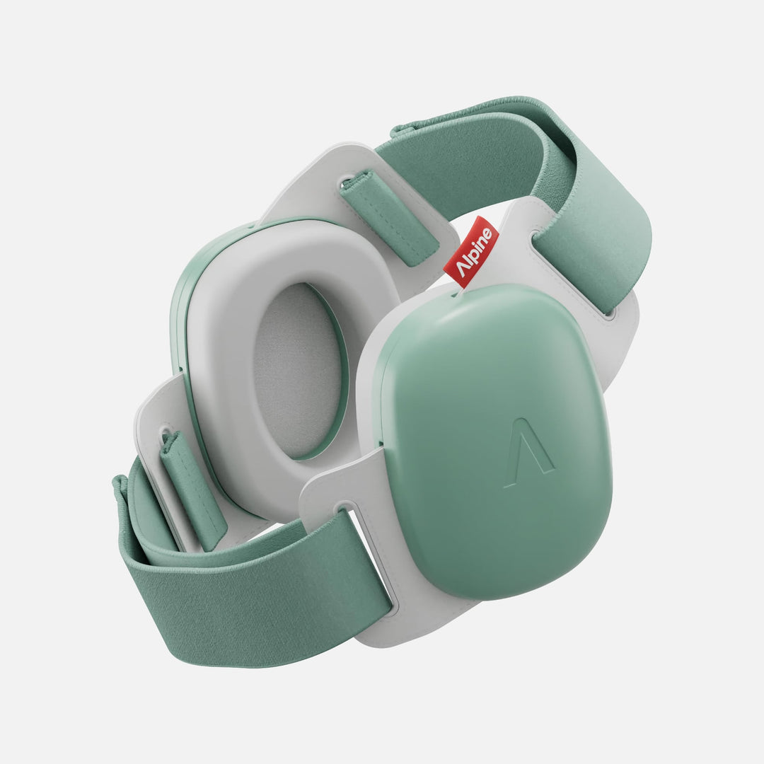 Alpine Muffy Baby sage green earmuffs with soft adjustable headband for infant hearing protection and safe noise reduction