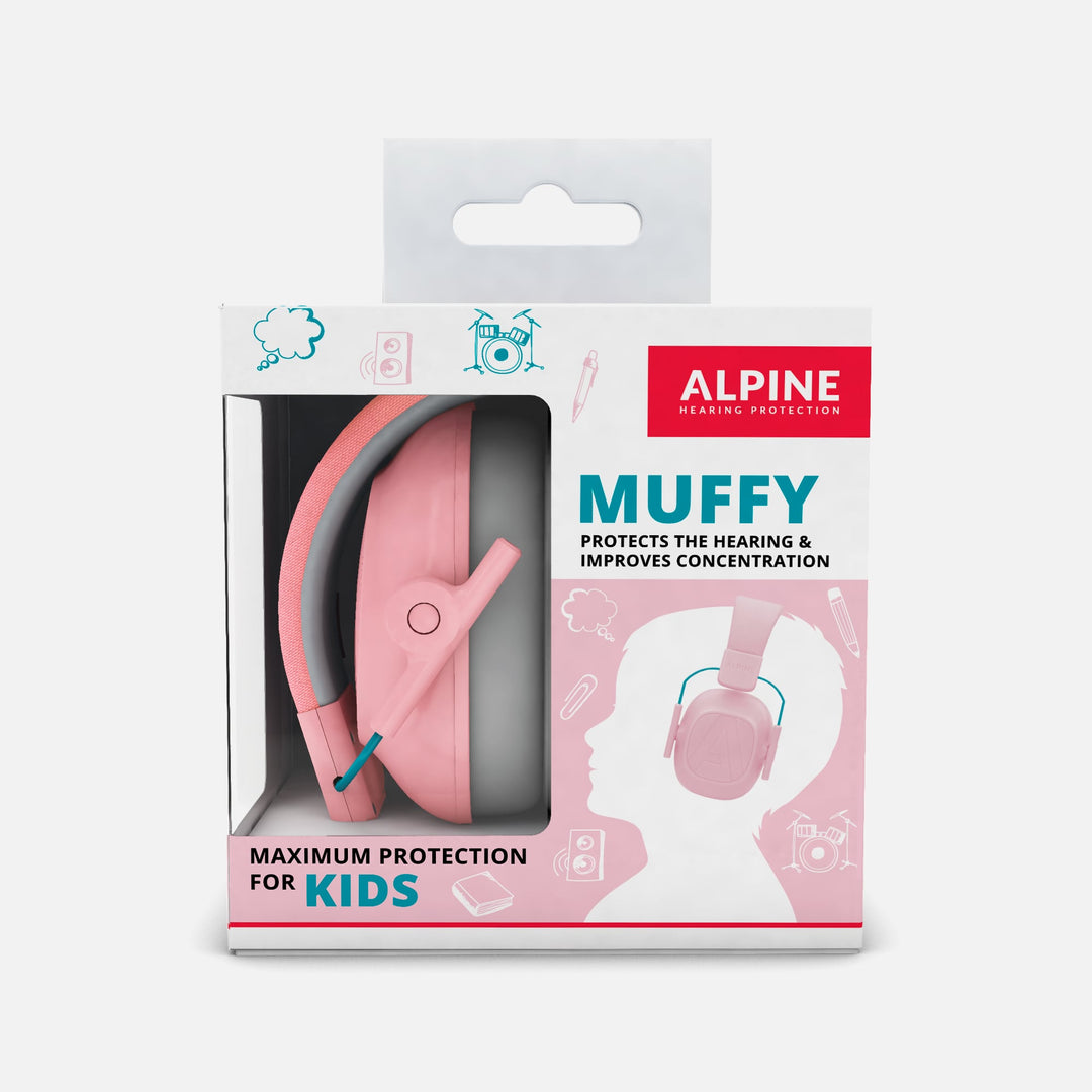 Packaging of Alpine Muffy Kids Earmuffs in pink, showcasing maximum hearing protection and improved concentration for children aged 5–16.