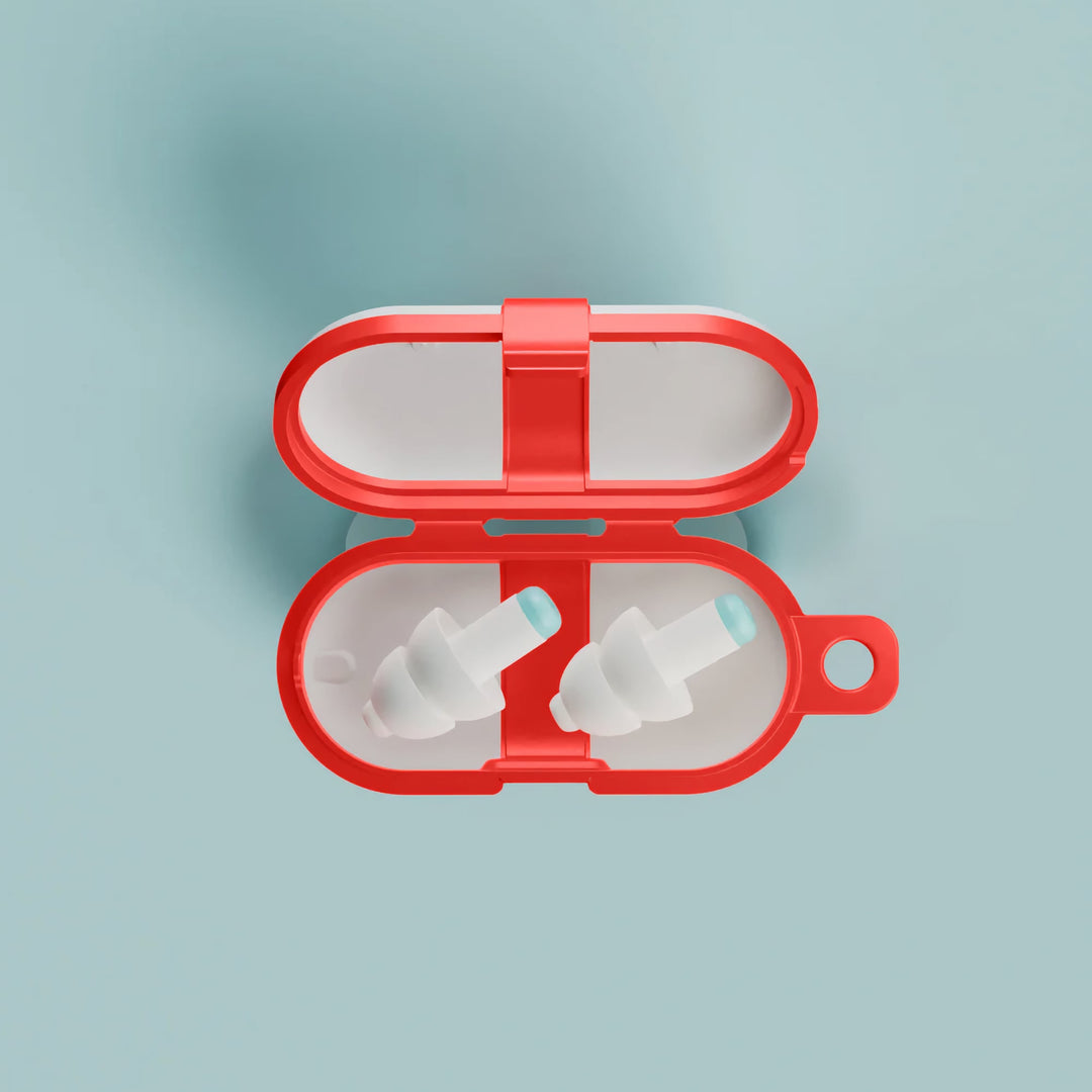 Alpine Pluggies Kids Earplugs in a compact red travel case, designed for noise reduction, hearing protection, and easy portability.