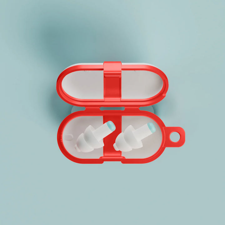Alpine Pluggies Kids Earplugs in a compact red travel case, designed for noise reduction, hearing protection, and easy portability.