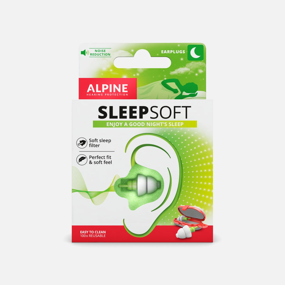 Front view of Alpine SleepSoft earplugs packaging highlighting soft sleep filter, perfect fit, and 100x reusability.