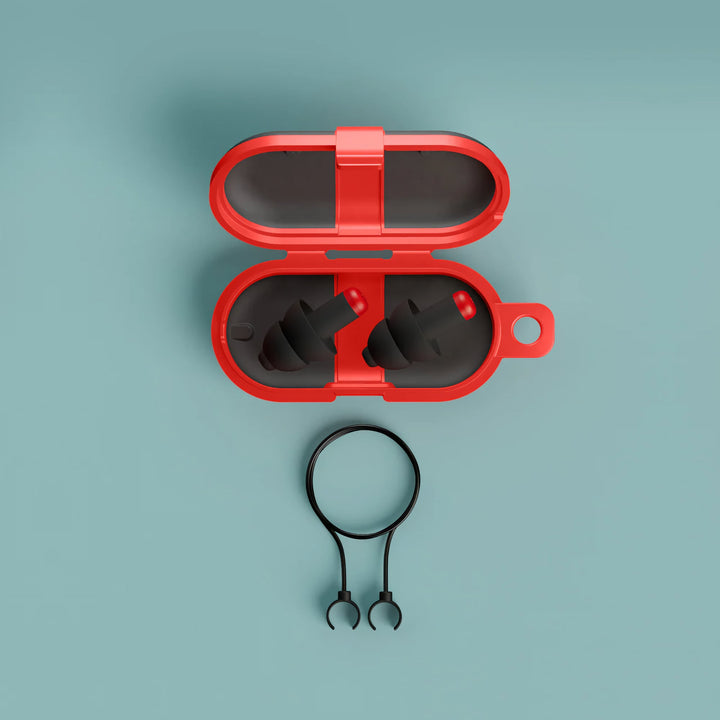 Alpine WorkSafe earplugs in red storage case with included black neck cord shown on a teal background