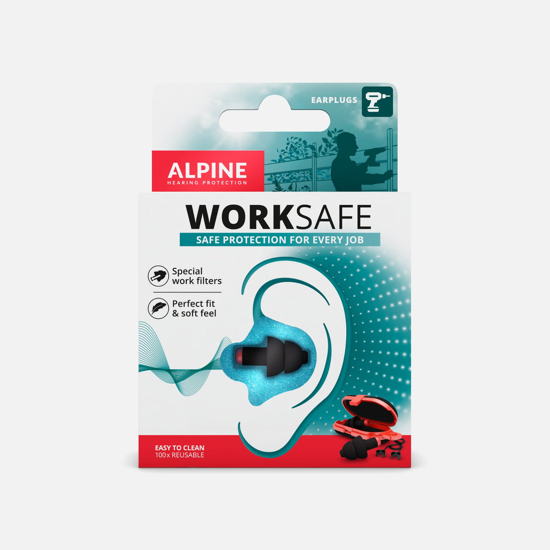 Front view of Alpine WorkSafe earplugs retail packaging showing product features and reusable earplug design