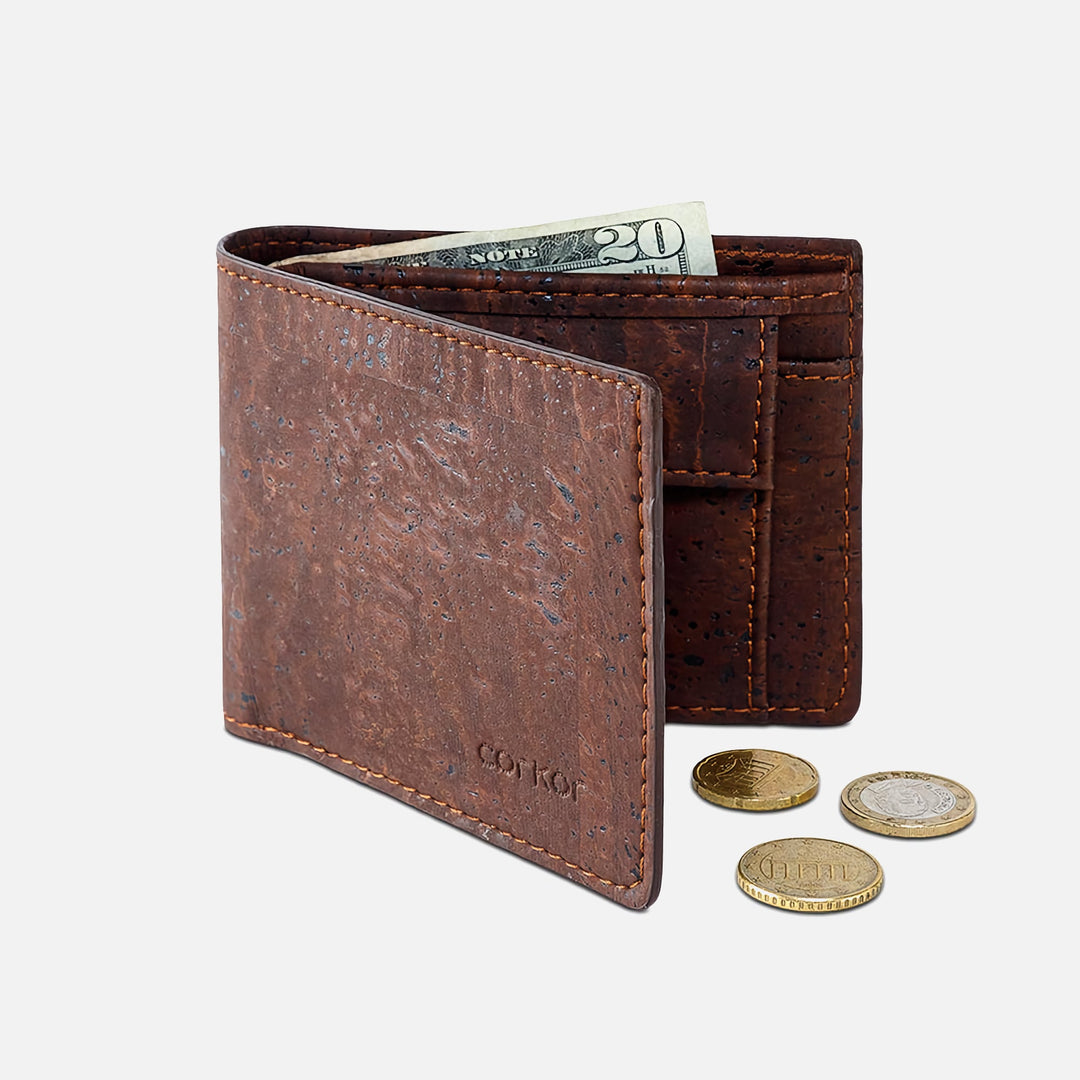 Dark brown Corkor vegan cork bifold wallet with coin pocket, shown open with cash and coins