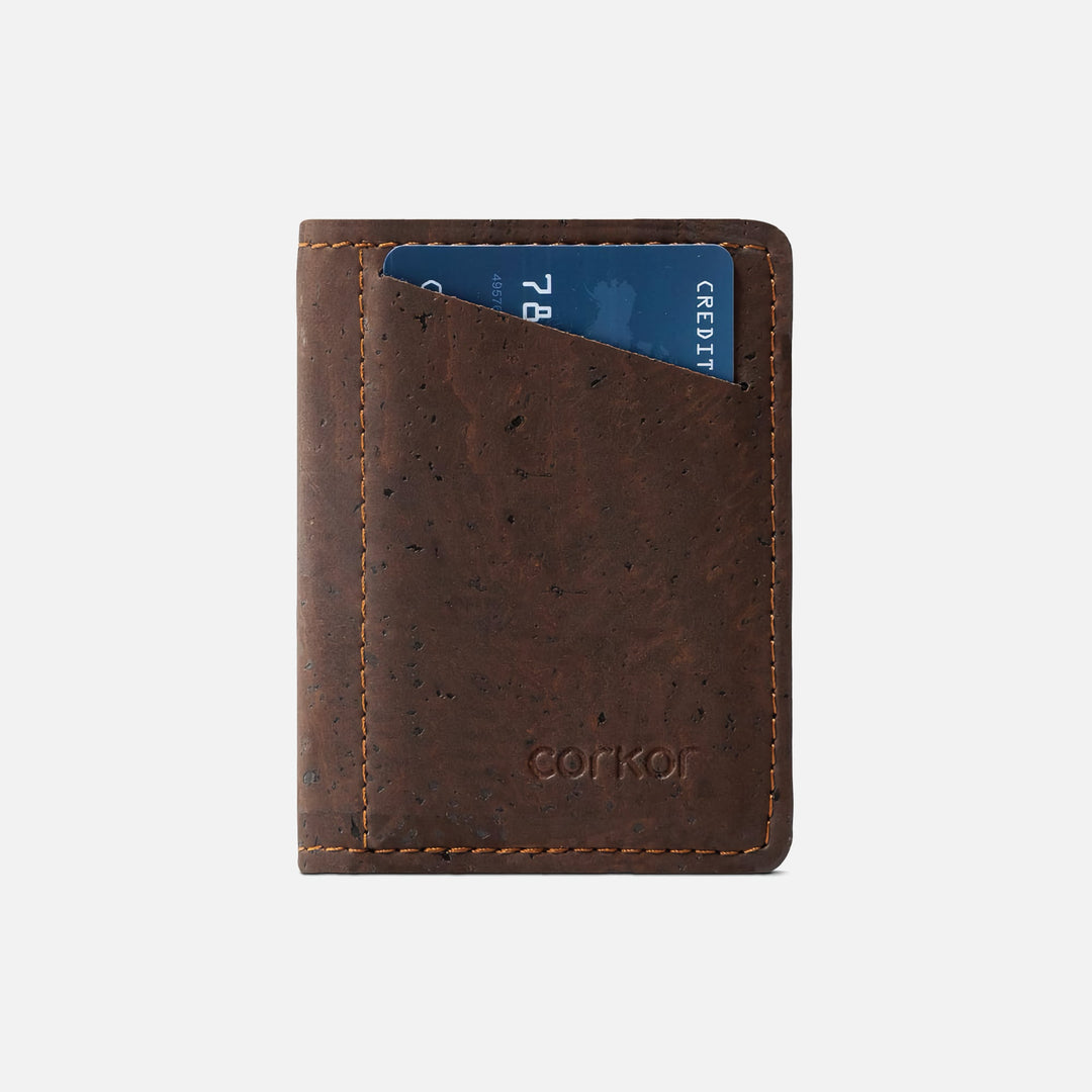 Front view of Corkor Vegan Cork Slim Wallet CK261 in dark brown, featuring quick-access card slot and debossed logo.