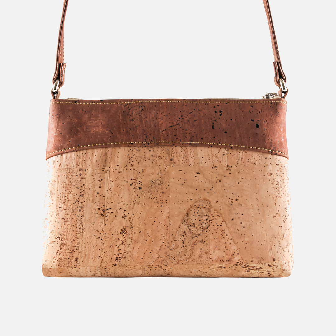 Back view of Corkor Vegan Cork Crossbody Bag in light brown and red with adjustable strap
