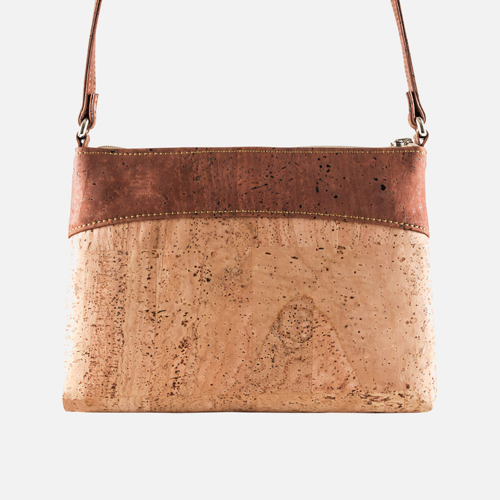 Back view of Corkor Vegan Cork Crossbody Bag in light brown and red with adjustable strap