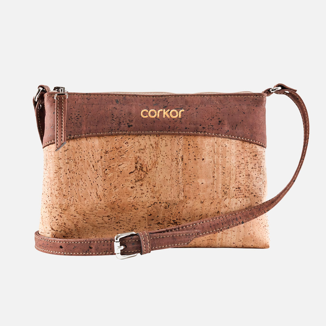 Corkor Vegan Cork Crossbody Bag in light brown and red with adjustable strap, front view