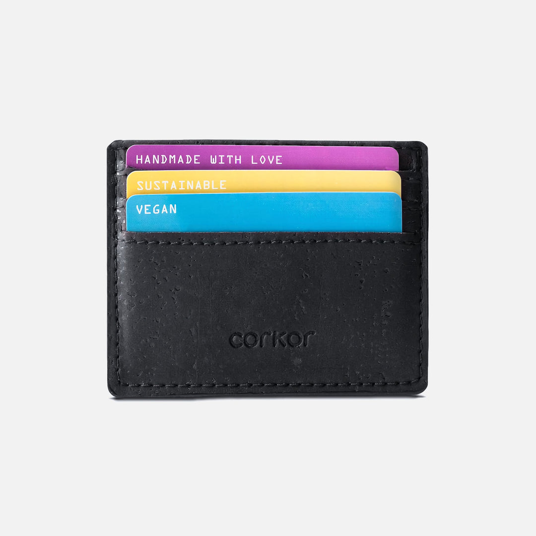 Corkor Vegan Cork Slim Cardholder in black with three cards showing handmade, sustainable, and vegan design, RFID safe