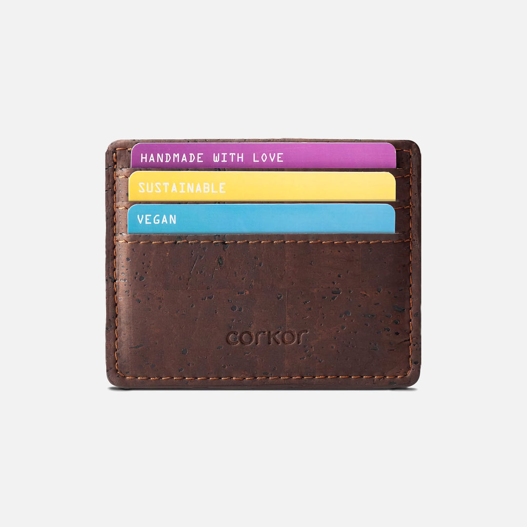 Corkor Vegan Cork Slim Cardholder in dark brown with three cards showing handmade, sustainable, and vegan design, RFID safe