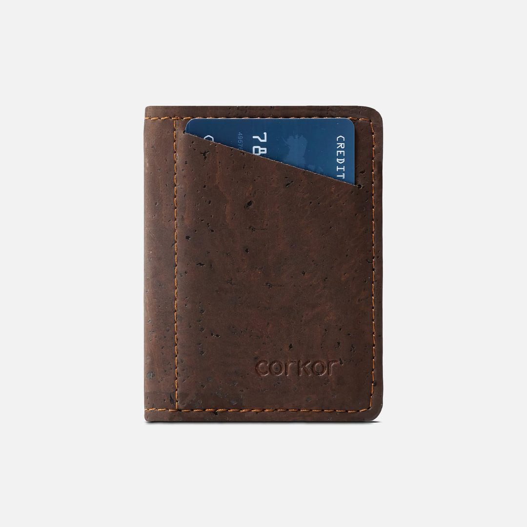 Front view of Corkor Vegan Cork Slim Wallet with Coin Pocket, dark brown, minimalist design, holds cards and coins.