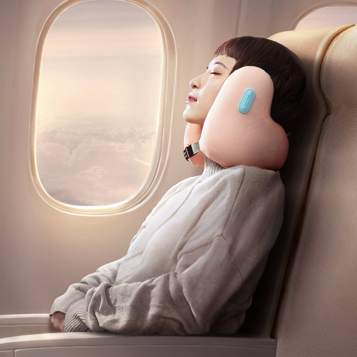 EVERYTHINK E2 travel neck pillow in peach pink color, compact size with soft texture for stylish travel comfort