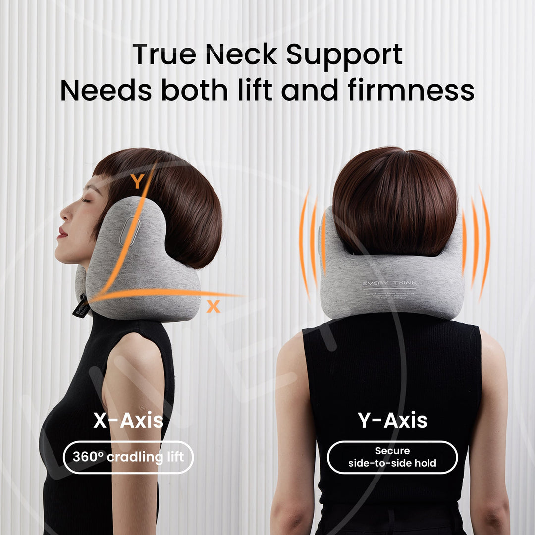 EVERYTHINK E2 neck pillow showing X-axis wraparound and Y-axis side support for enhanced neck protection