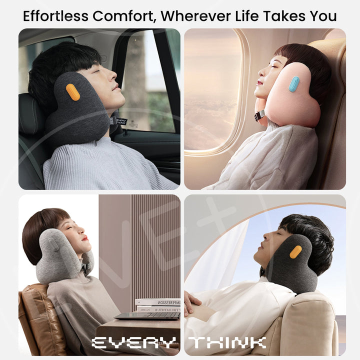 EVERYTHINK E2 neck pillow shown in car, plane, home, and office for all-around comfort and quiet rest