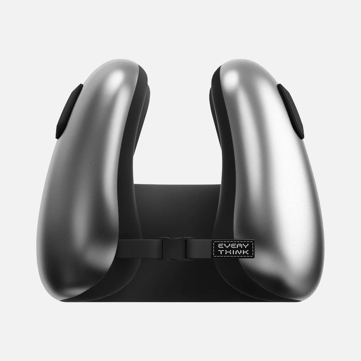 Back view of EVERYTHINK E2-X travel neck pillow in metallic silver with adjustable strap