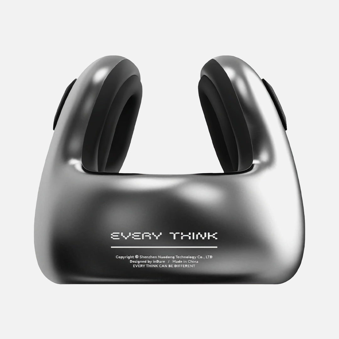 EVERYTHINK E2-X travel neck pillow in metallic silver, ergonomic design with noise-reducing ear pads