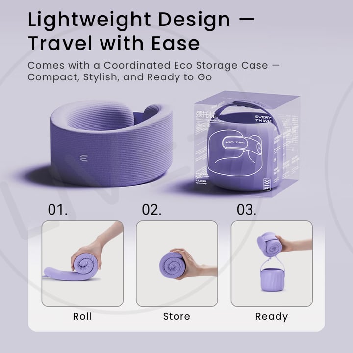 EVERYTHINK EC2 Neck Support Pillow in Misty Purple, lightweight foldable design with matching compact travel case for easy carry