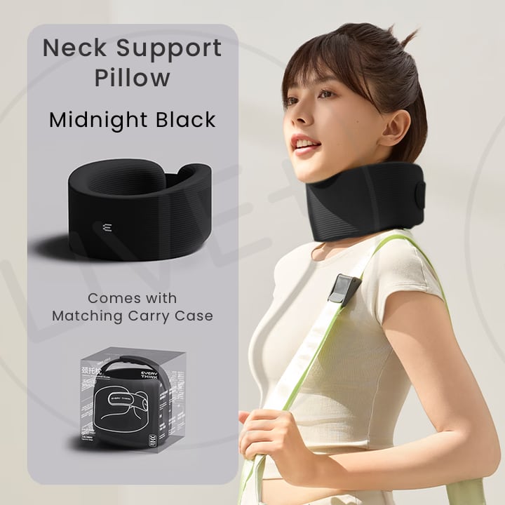 EVERYTHINK EC2 Neck Support Pillow in Withered Black, ergonomic travel neck brace shown in lifestyle use with carry case