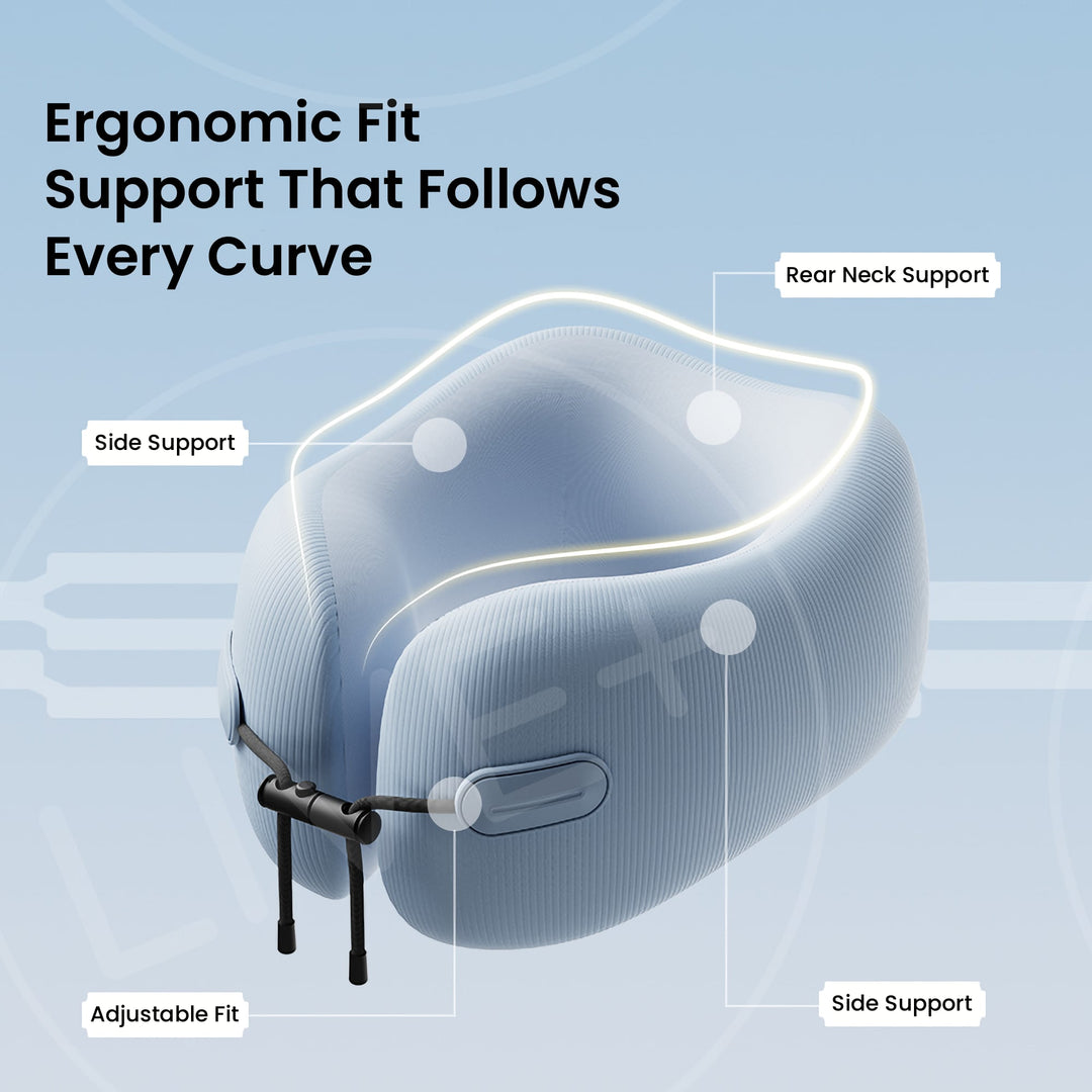 EVERYTHINK EC3 neck pillow with 360° ergonomic support for side and neck, shown in Clear Sky Blue