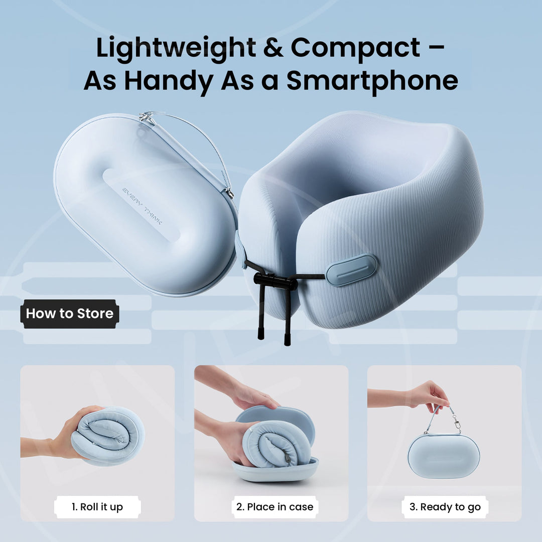 EVERYTHINK EC3 foldable neck pillow in Clear Sky Blue with compact storage steps: roll, pack, and carry