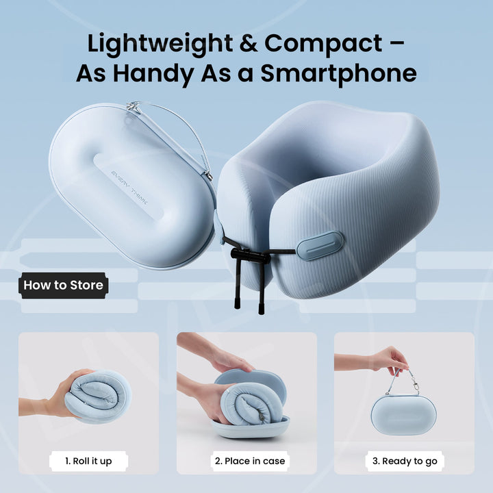 EVERYTHINK EC3 foldable neck pillow in Clear Sky Blue with compact storage steps: roll, pack, and carry