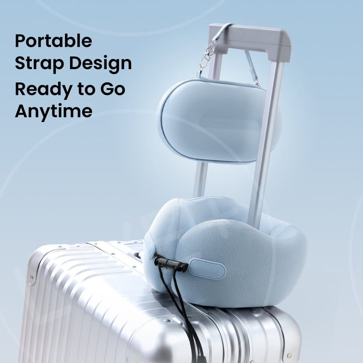 EVERYTHINK EC3 neck pillow in Clear Sky Blue shown with portable strap attached to suitcase handle