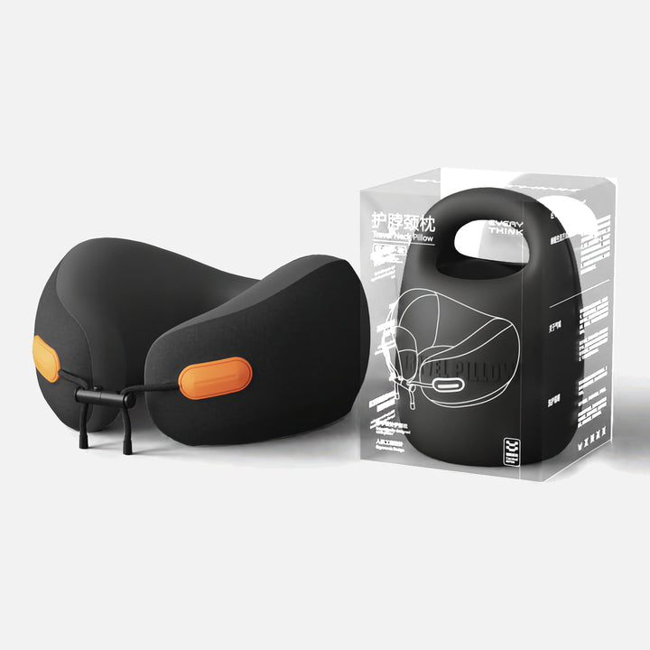 EVERYTHINK ES2 black travel neck pillow with compact case and clear eco-friendly packaging shown together