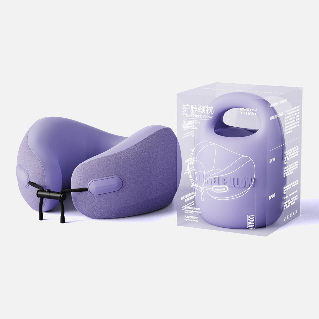 EVERYTHINK ES2 purple travel neck pillow with compact case and clear eco-friendly packaging shown together