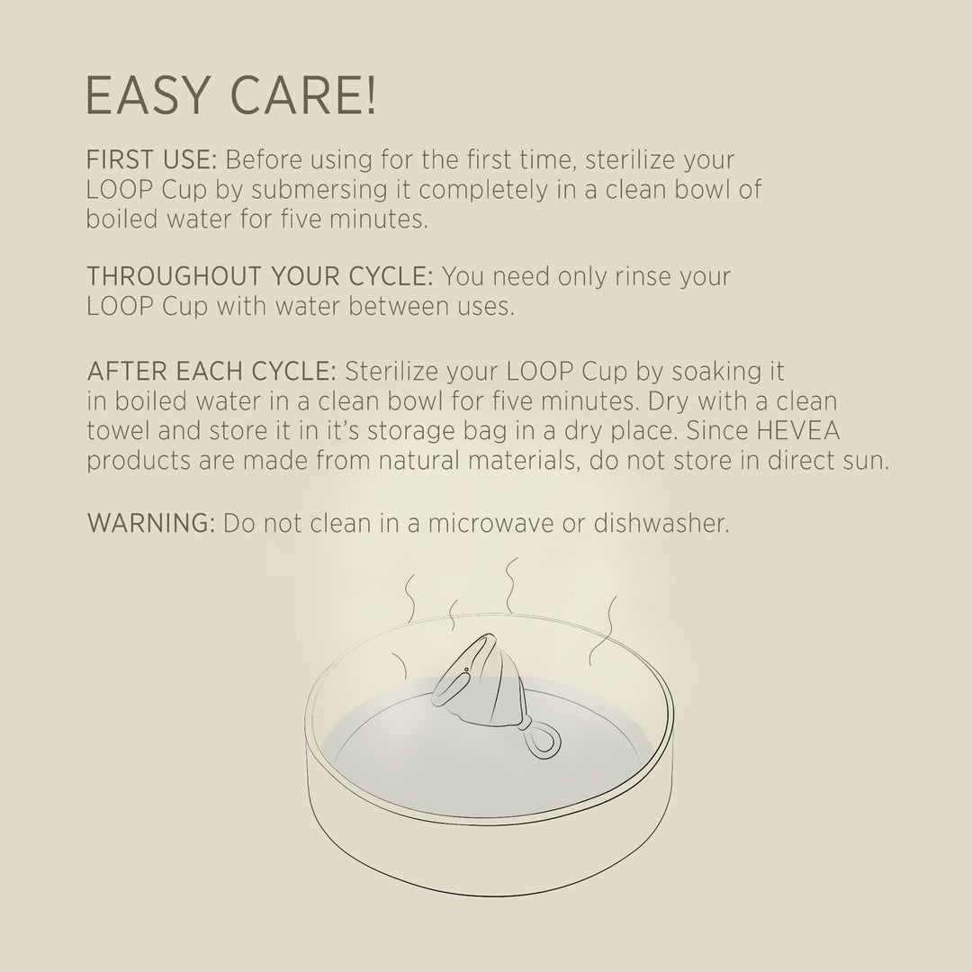 HEVEA Loop Cup care guide showing how to sterilize in boiled water and store safely after each cycle