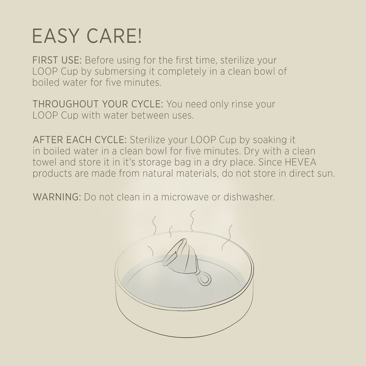 HEVEA Loop Cup care guide showing how to sterilize in boiled water and store safely after each cycle