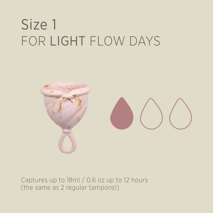 Hevea Loop Cup Size 1 for light flow, holds up to 18ml or 0.6 oz for 12 hours, equivalent to 2 regular tampons