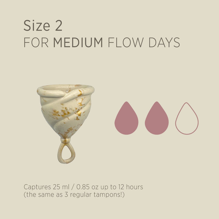 Hevea Loop Cup Size 2 in Golden Sand for medium flow, holds 25ml up to 12 hours, equal to 3 regular tampons