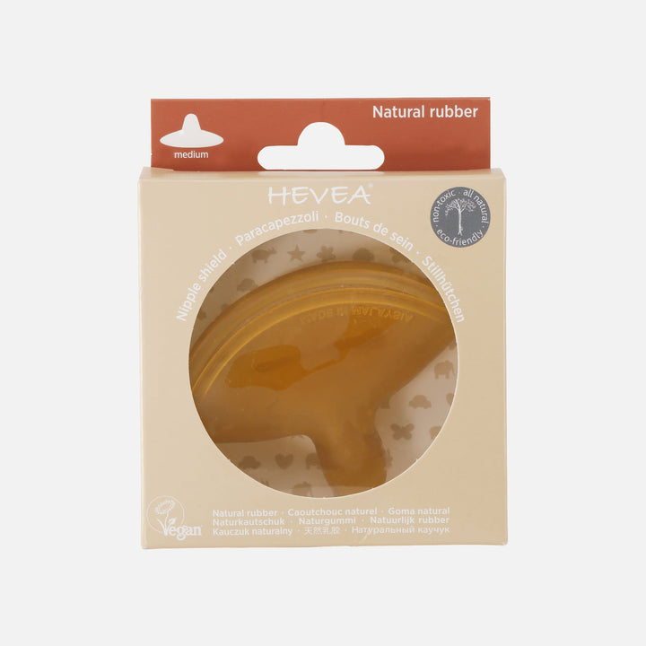 Front view of HEVEA nipple shields 2-pack in eco-friendly packaging made from natural rubber