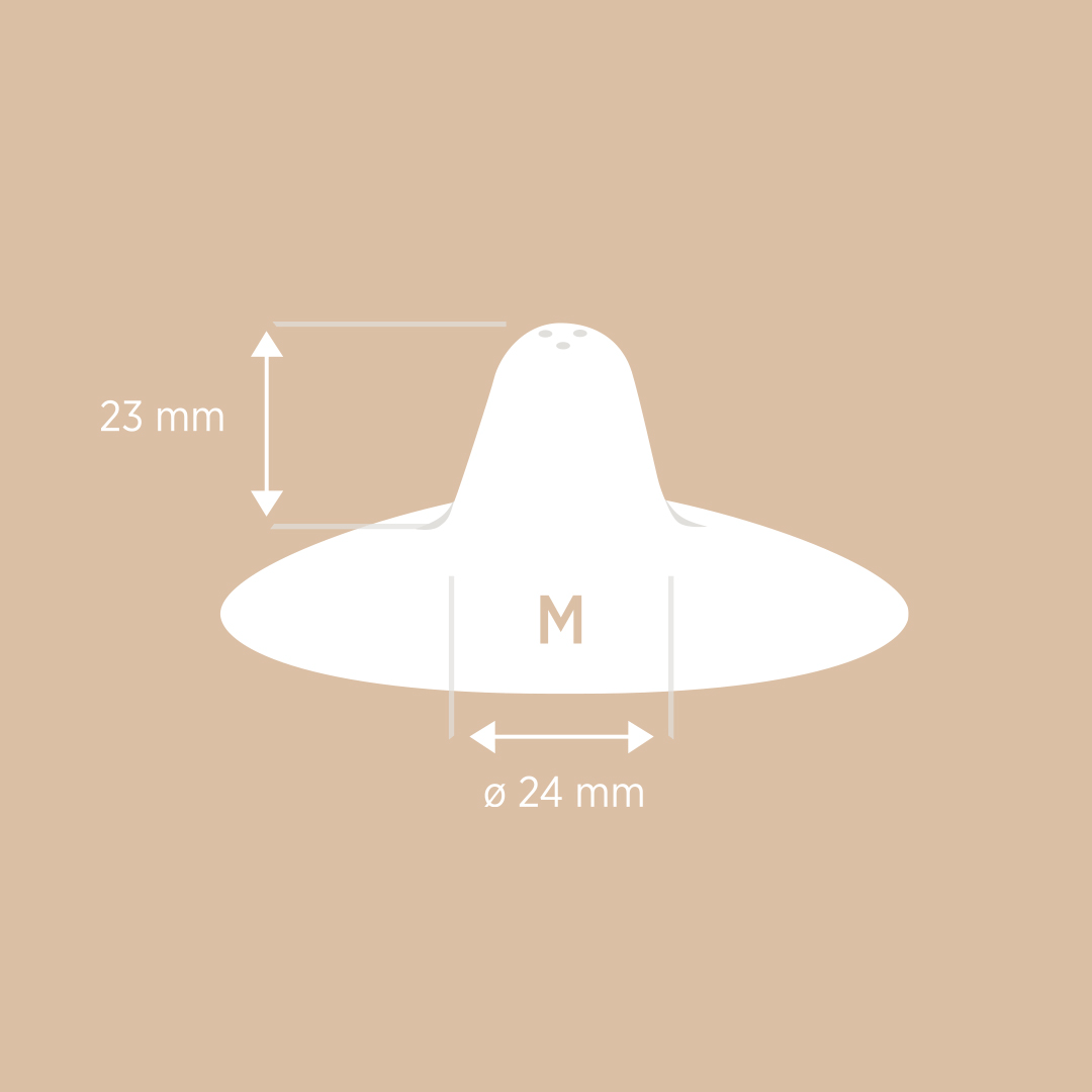 HEVEA nipple shield size M with 24mm diameter and 23mm height, illustrated dimensions for breastfeeding fit