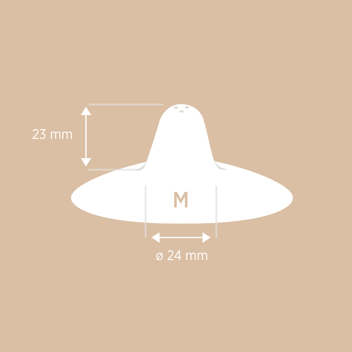 HEVEA nipple shield size M with 24mm diameter and 23mm height, illustrated dimensions for breastfeeding fit