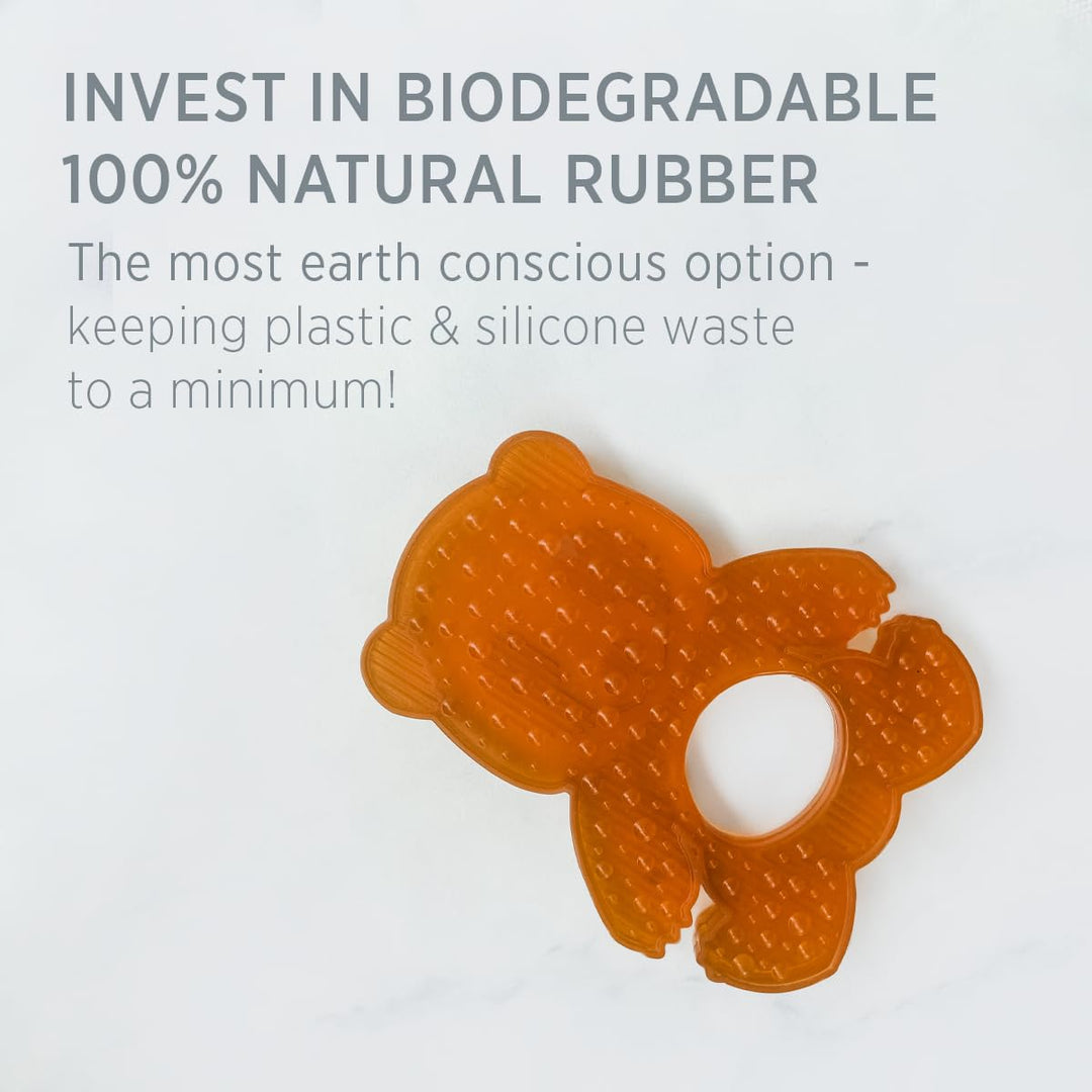 Back view of HEVEA Panda Teether with textured surface, promoting biodegradable 100% natural rubber