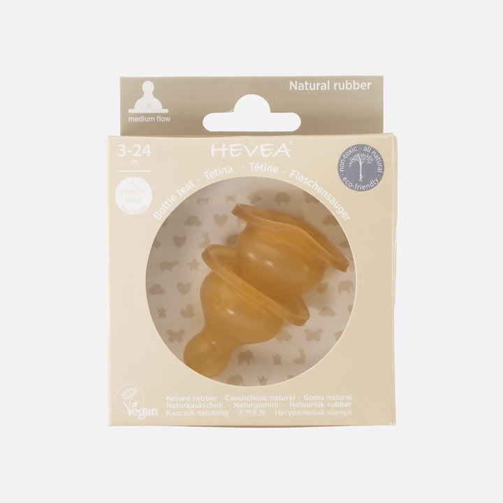 HEVEA natural rubber baby bottle nipples (2-Pack) in eco-friendly packaging, medium flow design for babies 3-24 months, non-toxic and biodegradable.