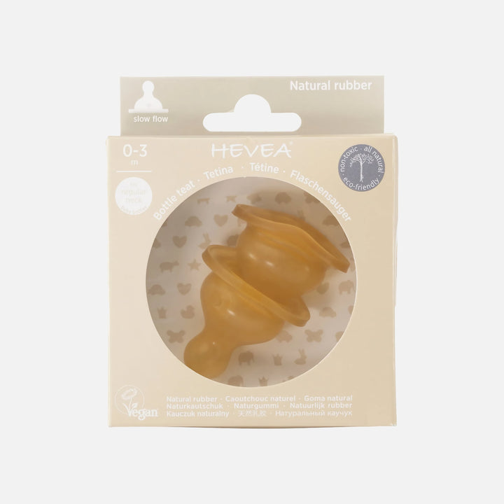 HEVEA natural rubber baby bottle nipples (2-Pack) in eco-friendly packaging, slow flow design for newborns, non-toxic and biodegradable.
