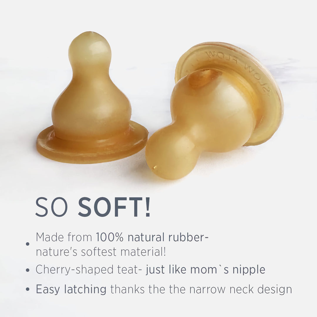 HEVEA natural rubber baby bottle nipples, soft and flexible with a cherry-shaped design for easy latching, mimics a mother's nipple.