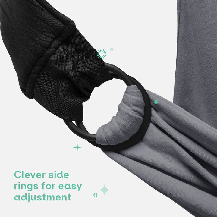 Close-up of dark gray Koala Cuddle Band 2 side rings for easy baby carrier adjustment