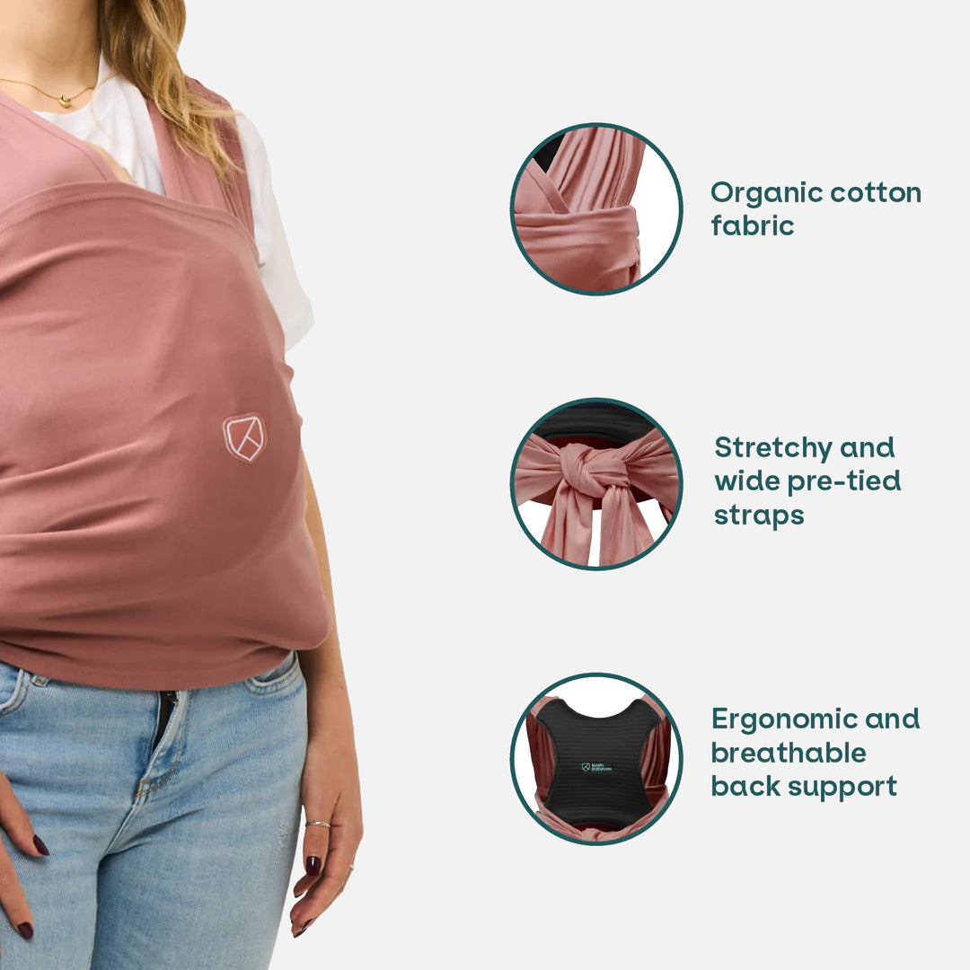 Koala Babycare Koala Cuddle Band 2 in earth red, featuring organic cotton fabric, stretchy pre-tied straps, and ergonomic back support.