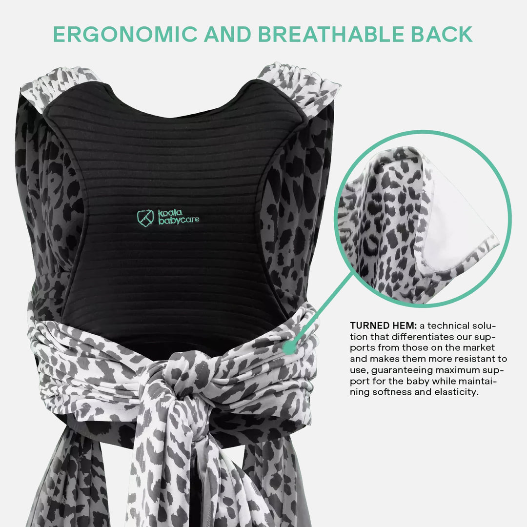 Koala Cuddle Band 2 in leopard print with ergonomic back panel and turned hem for baby support
