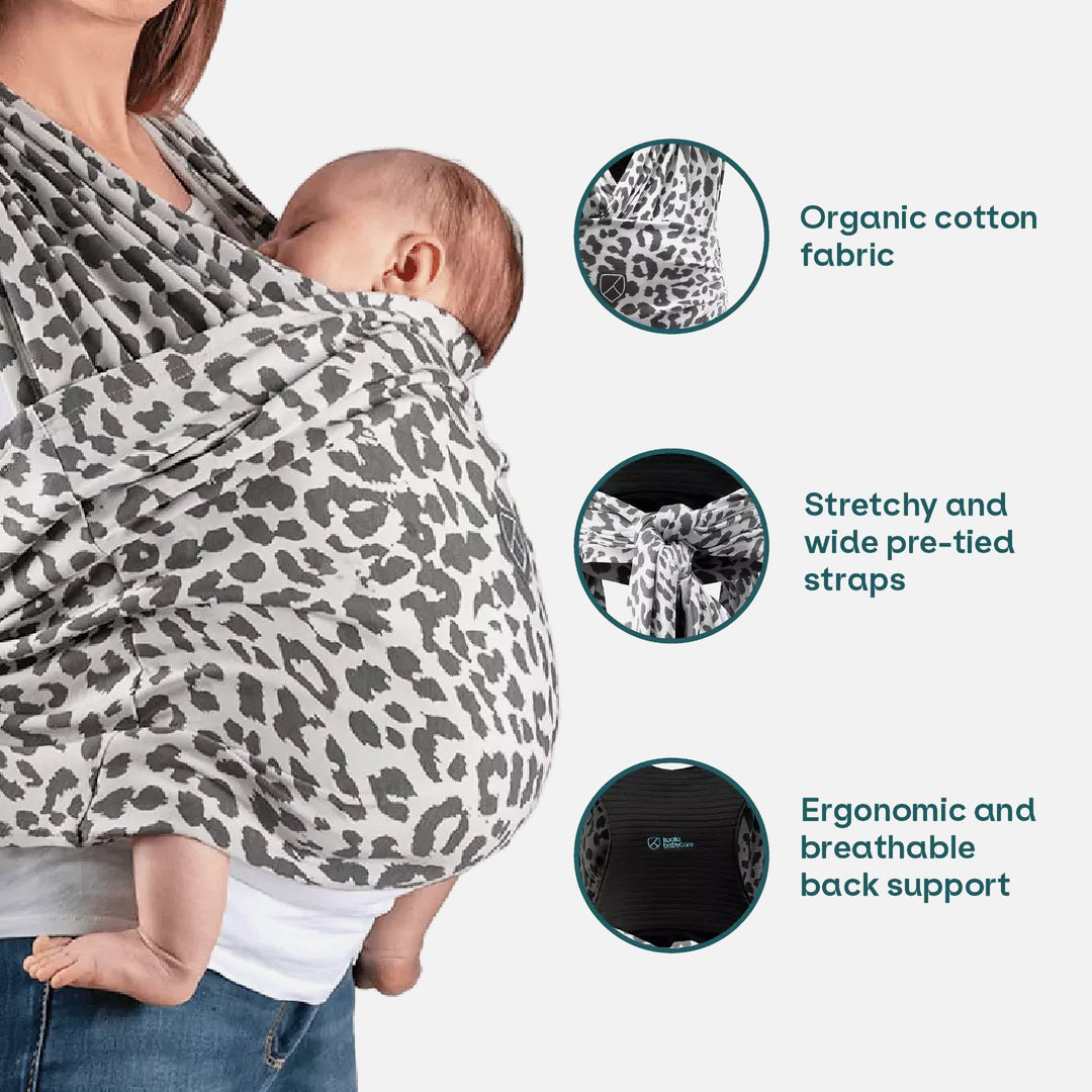 Leopard print Koala Cuddle Band 2 highlighting organic cotton, wide straps, and ergonomic back support.