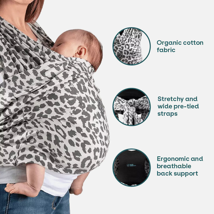 Leopard print Koala Cuddle Band 2 highlighting organic cotton, wide straps, and ergonomic back support.