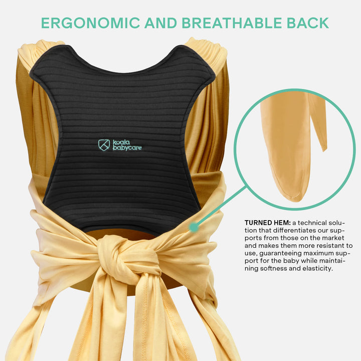 Koala Babycare Koala Cuddle Band 2 mustard yellow baby carrier showing ergonomic black back support detail