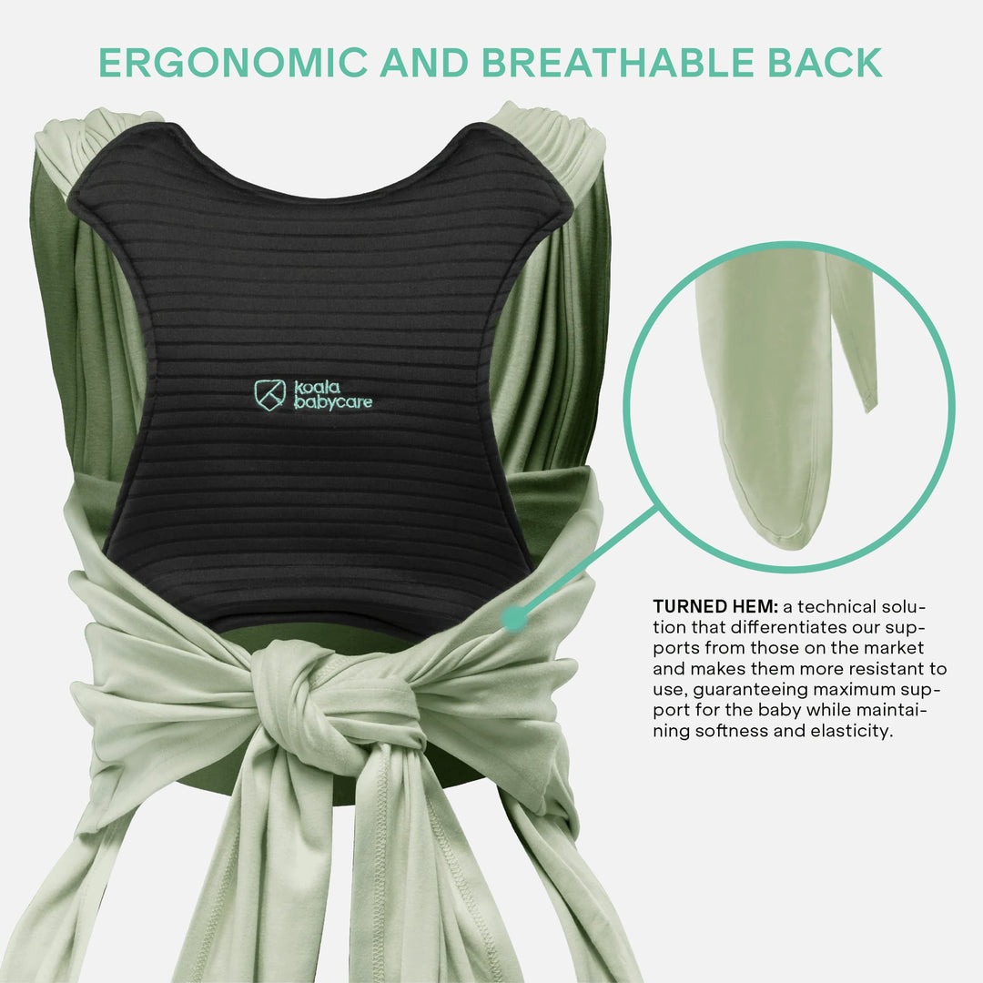 Back view of Koala Babycare Koala Cuddle Band 2 in sage green showing ergonomic and breathable support panel